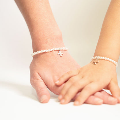 18K Gold PVD Stainless Steel Pearl Beaded Bracelet with Cross