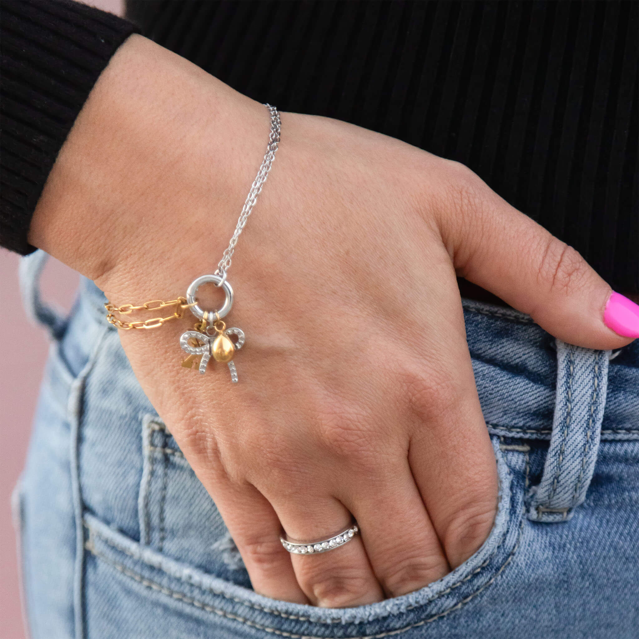 18K Gold PVD Mixed Metal Double Chain Charm Holder Bracelet