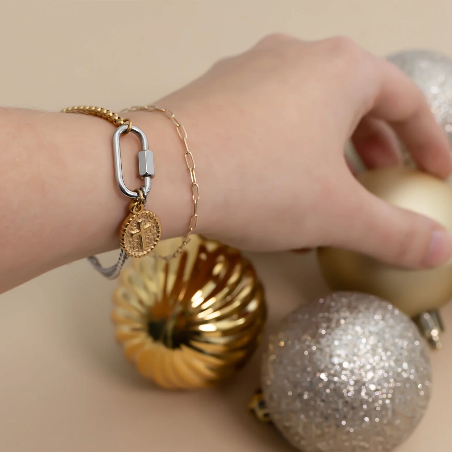 Mixed Metal Split Chain Curb Carabiner Bracelet