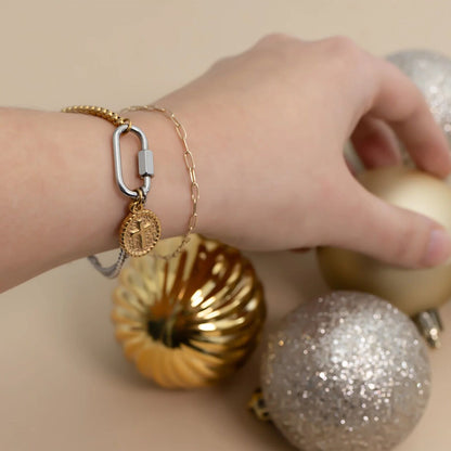 Mixed Metal Split Chain Curb Carabiner Bracelet