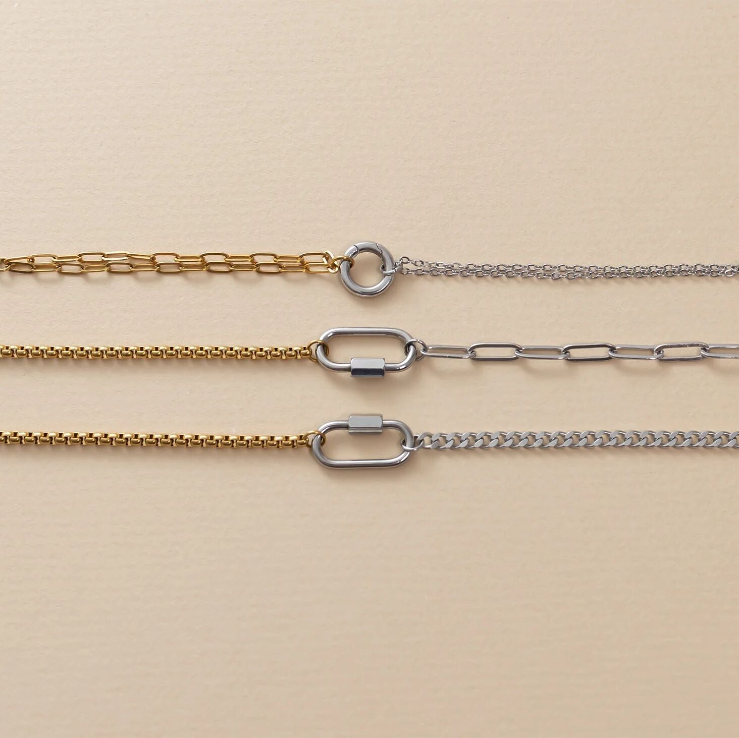 Mixed Metal Split Chain Curb Carabiner Bracelet