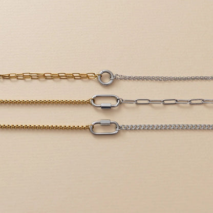 Mixed Metal Split Chain Curb Carabiner Bracelet