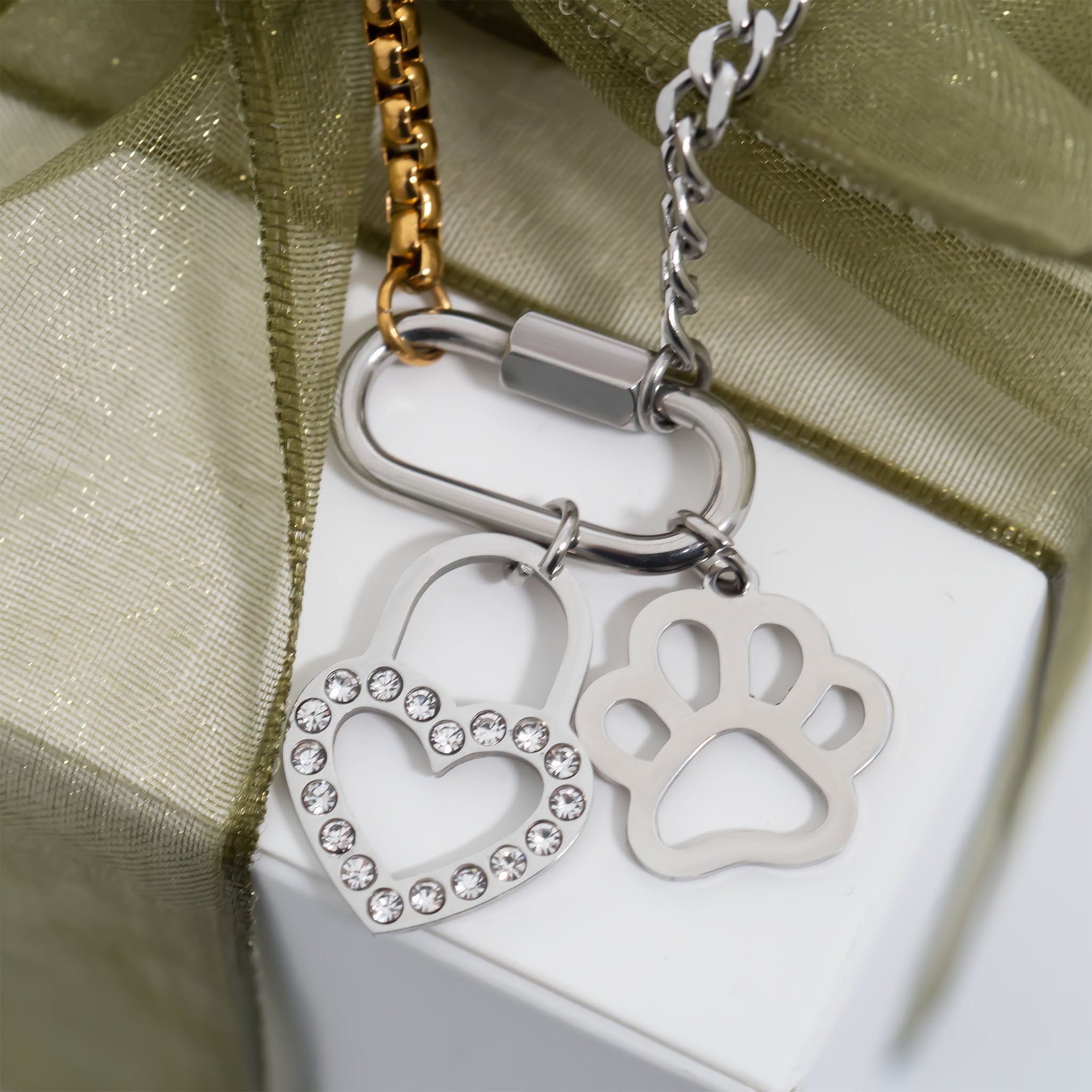 Mixed Metal Split Chain Curb Carabiner Bracelet