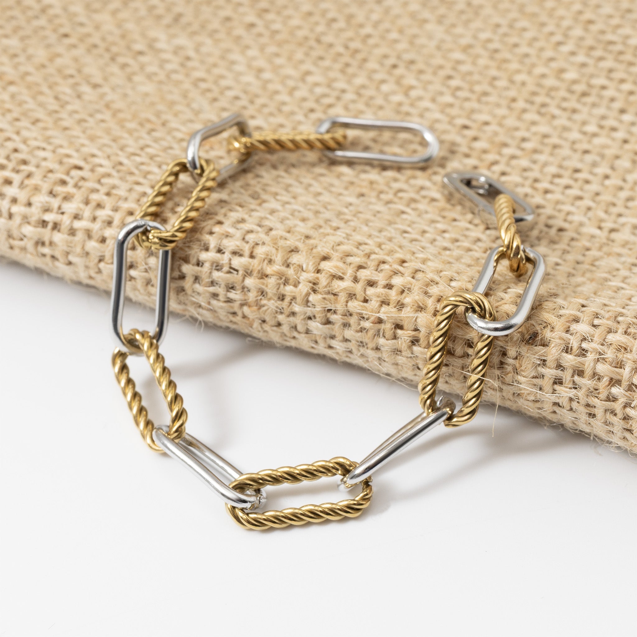 18K Gold PVD Stainless Steel Mixed Metal Twist Chain Bracelet