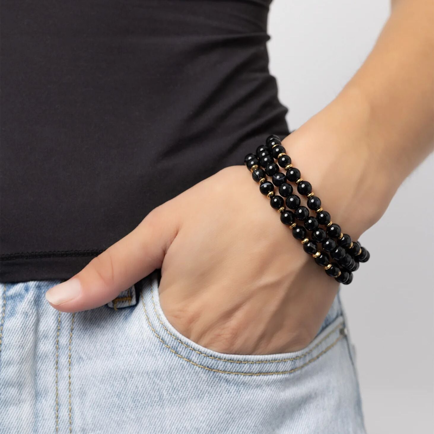 18K Gold PVD Agate Glass Beaded Bracelet