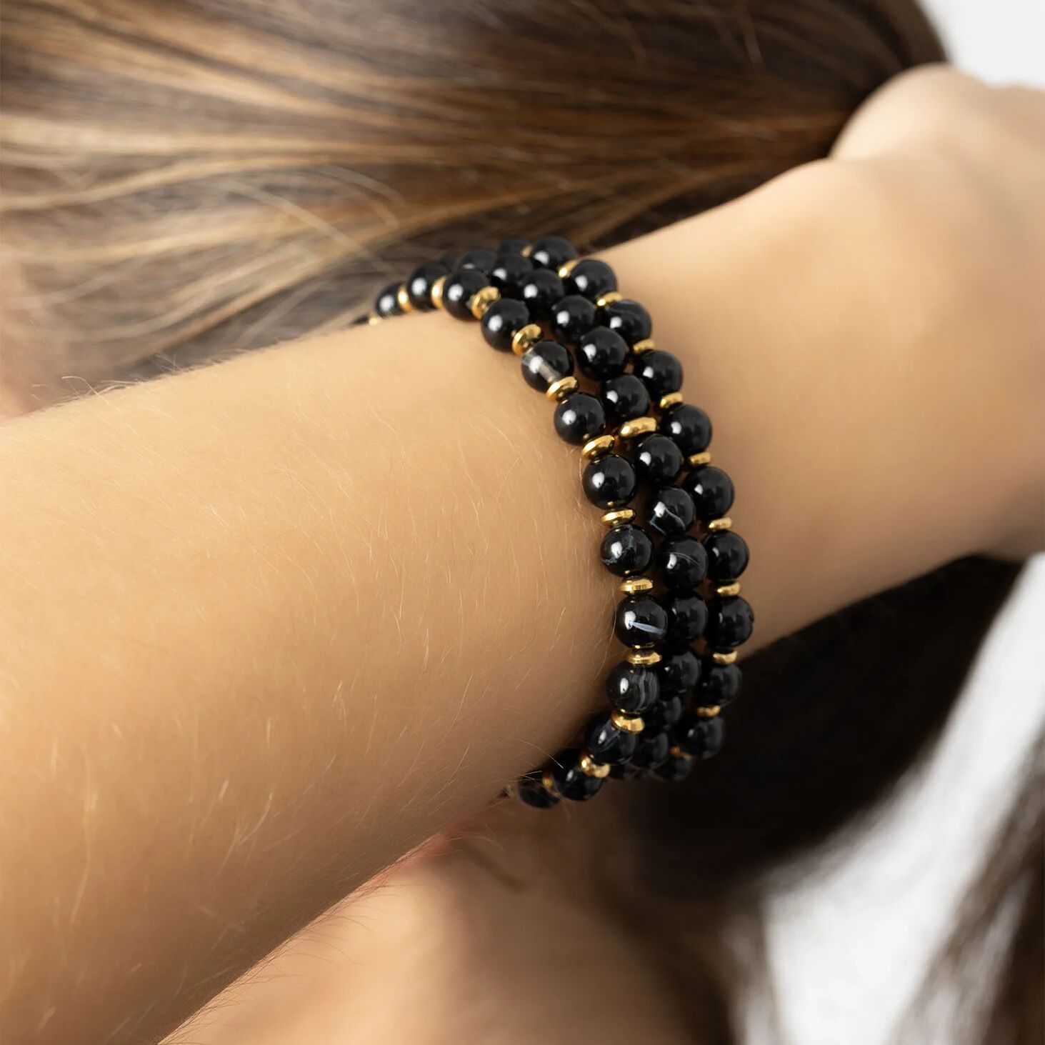 18K Gold PVD Agate Glass Beaded Bracelet