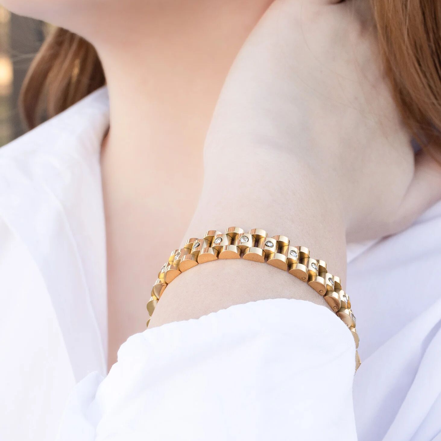 18K Gold Stainless Steel Watch With Stones Band Bracelet