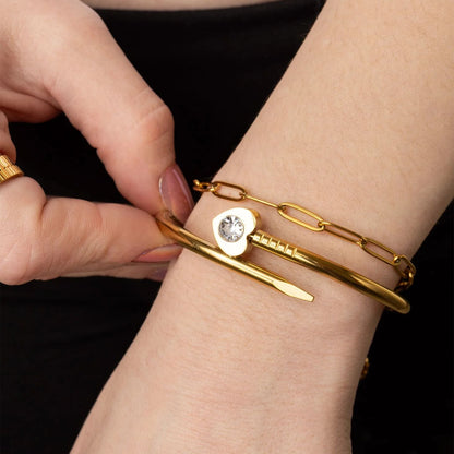 18K Gold PVD Stainless Steel Heart with Stone Bangle Bracelet