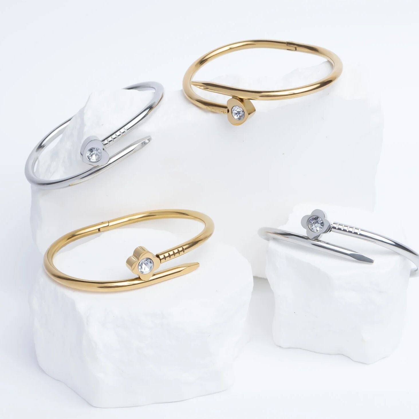 18K Gold PVD Stainless Steel Heart with Stone Bangle Bracelet
