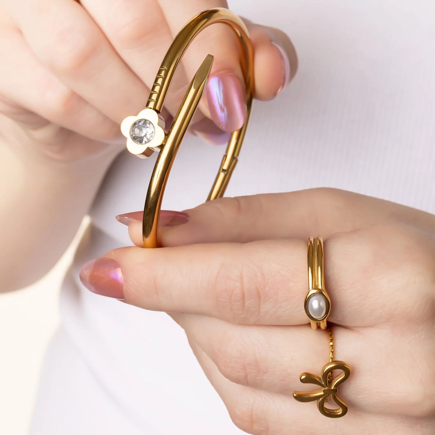18K Gold PVD Stainless Steel Stone Floral Nail Bangle Bracelet
