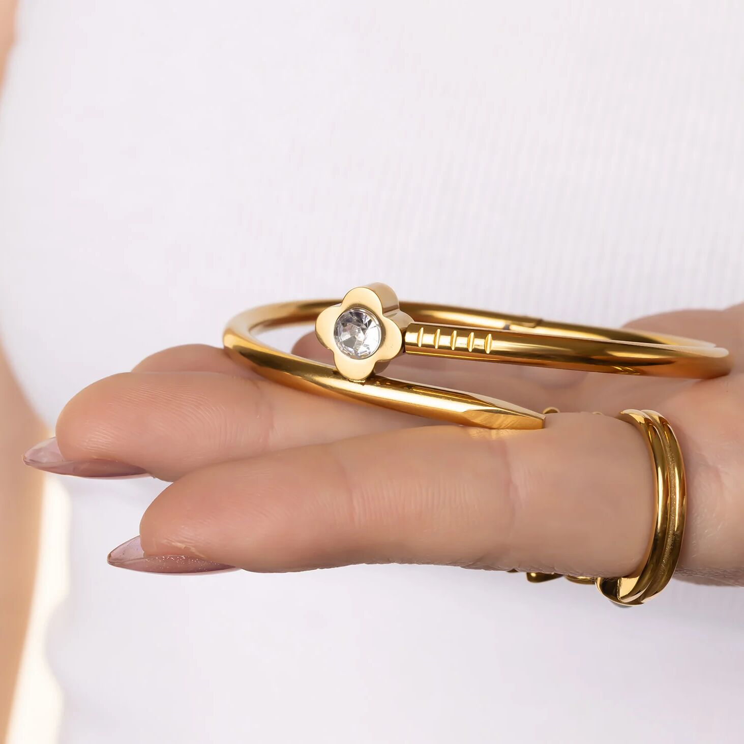 18K Gold PVD Stainless Steel Stone Floral Nail Bangle Bracelet
