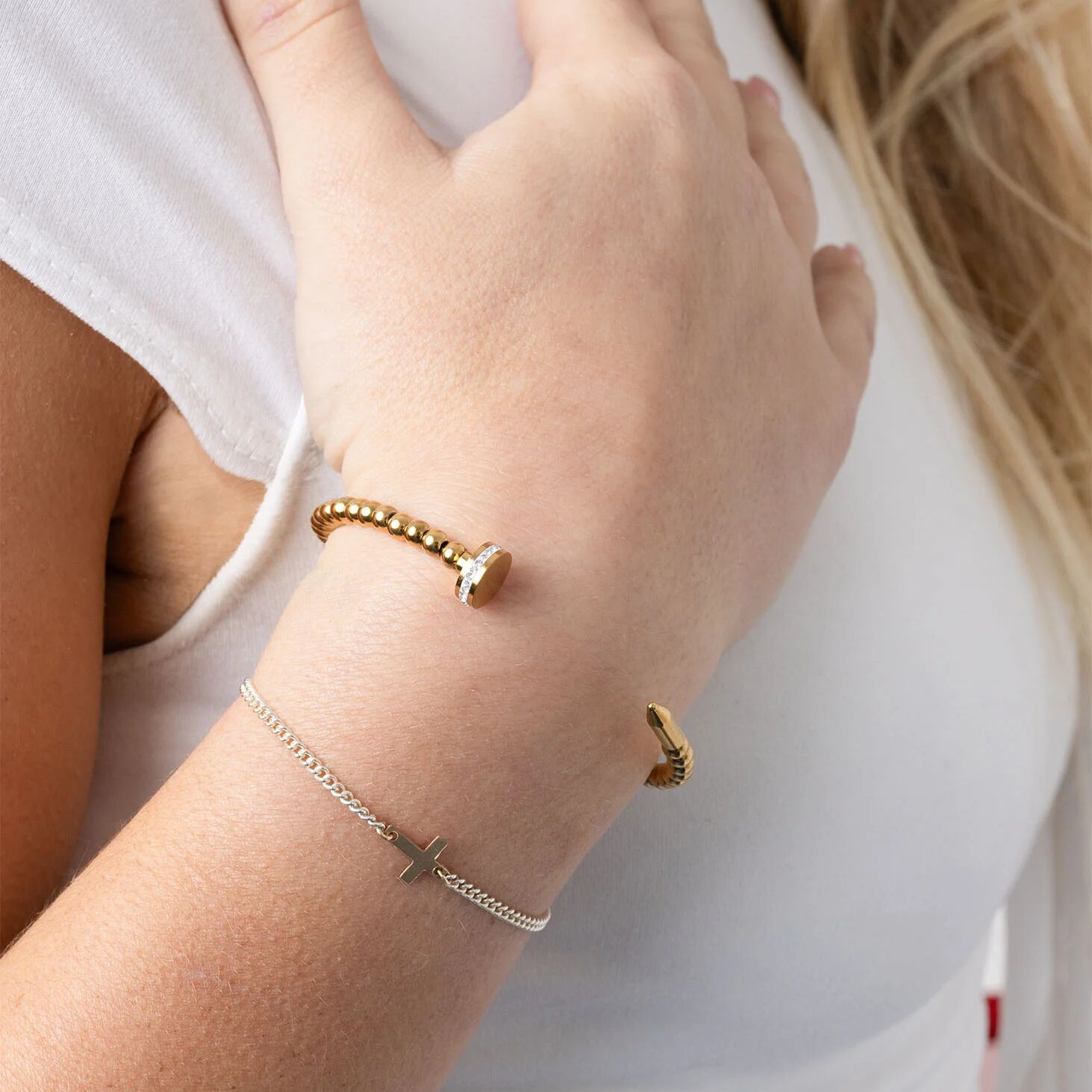 18K Gold PVD Stainless Steel Beaded Nail Bangle Bracelet With Stones