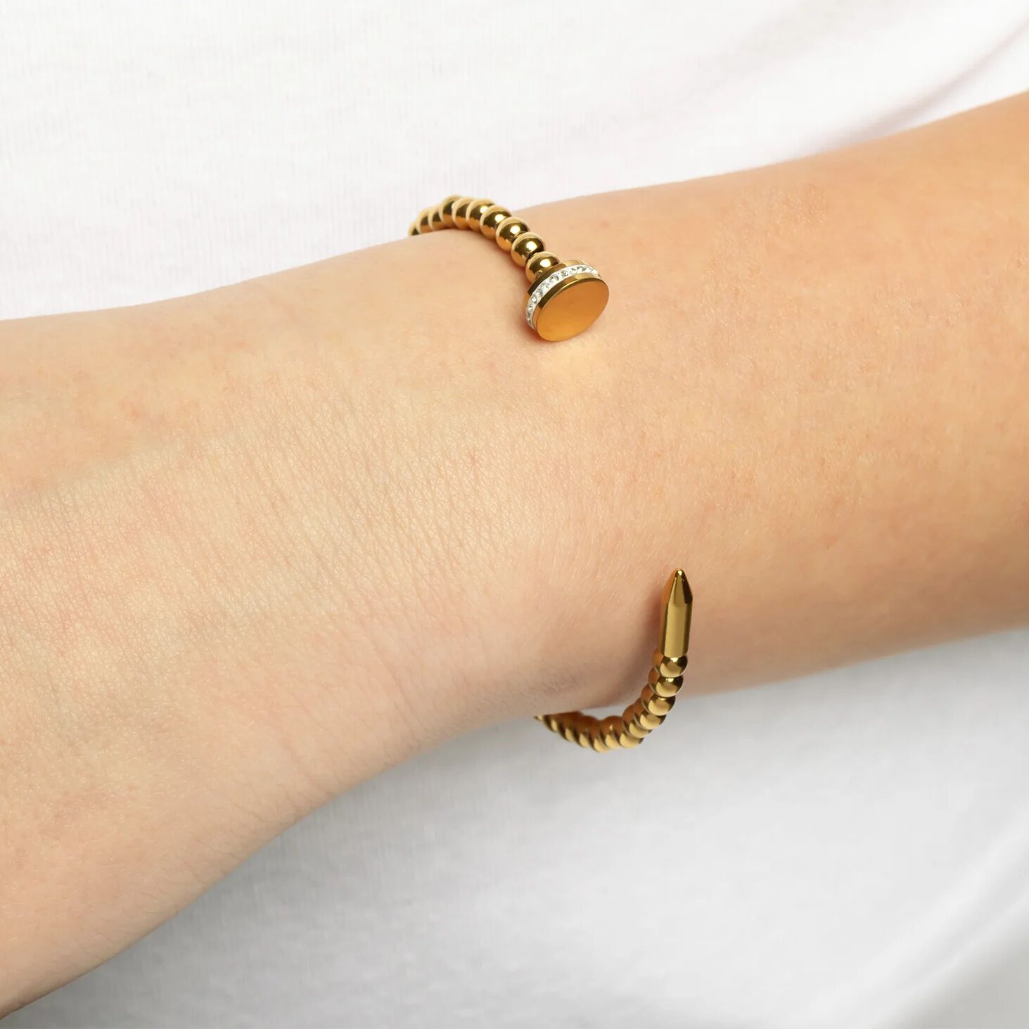 18K Gold PVD Stainless Steel Beaded Nail Bangle Bracelet With Stones