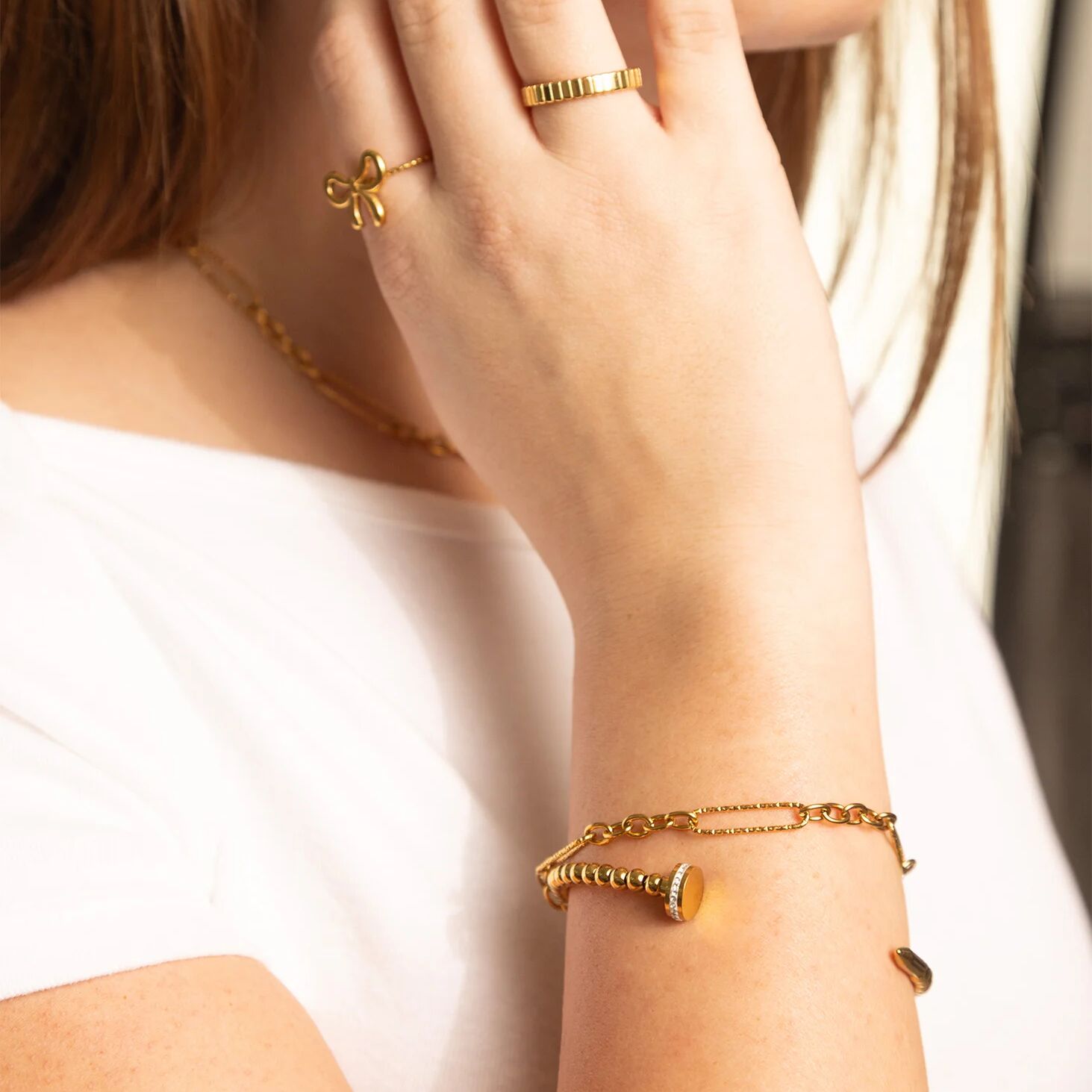 18K Gold PVD Stainless Steel Beaded Nail Bangle Bracelet With Stones