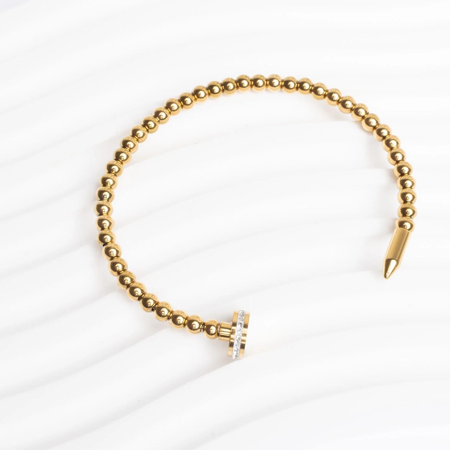18K Gold PVD Stainless Steel Beaded Nail Bangle Bracelet With Stones
