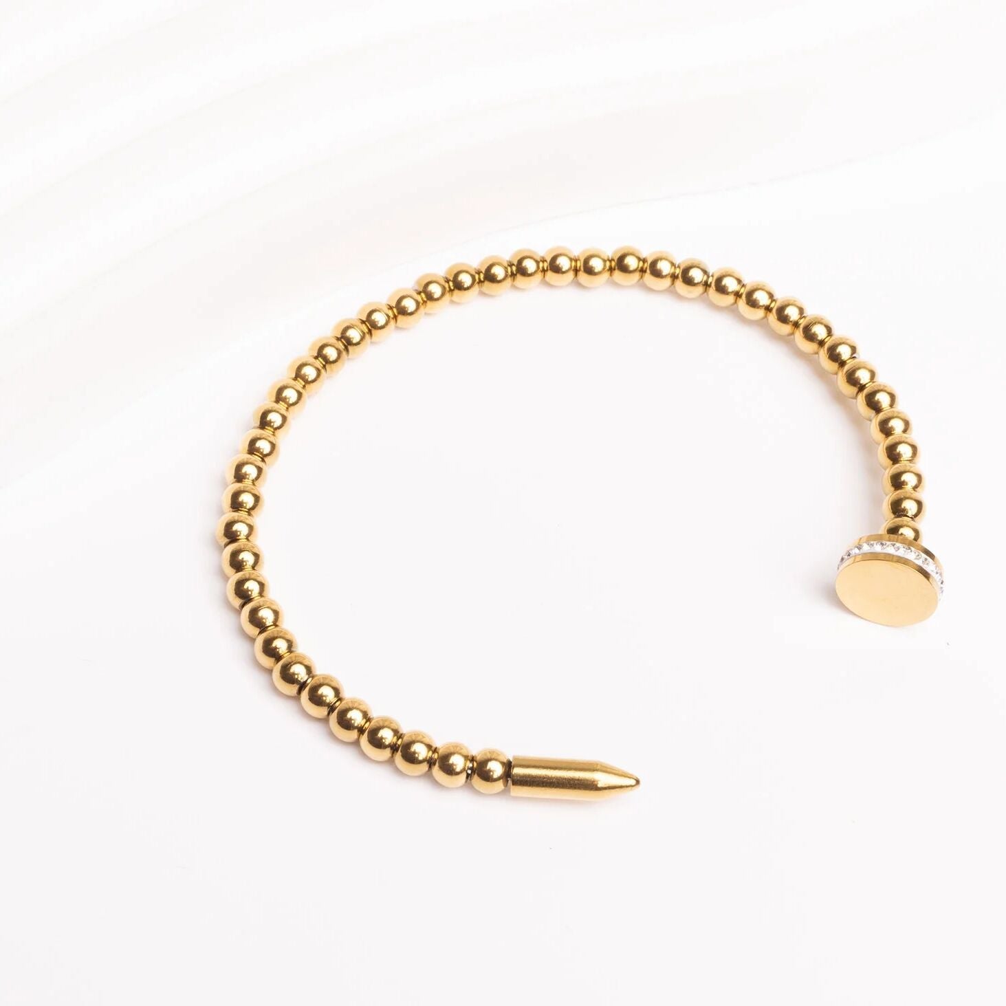 18K Gold PVD Stainless Steel Beaded Nail Bangle Bracelet With Stones