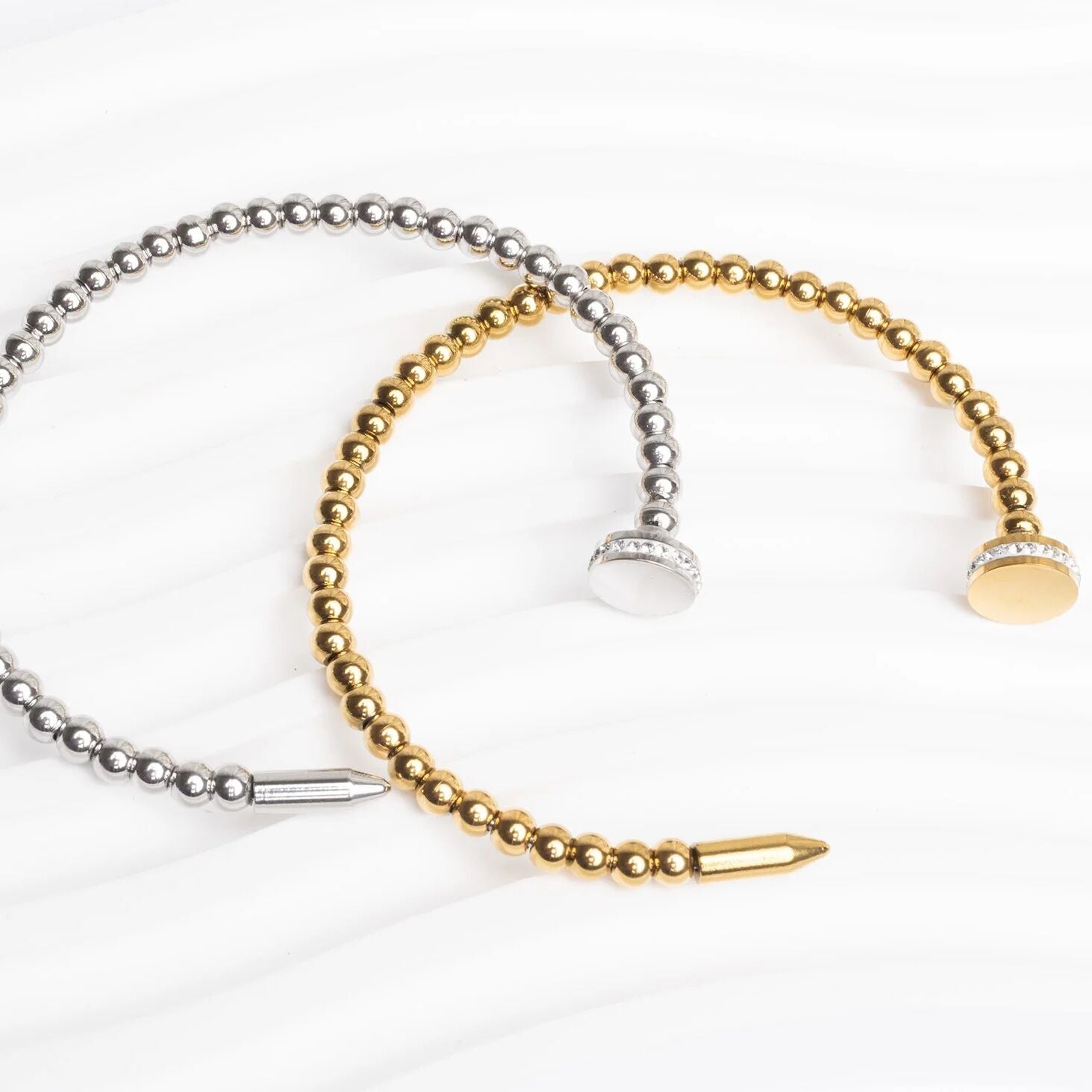 18K Gold PVD Stainless Steel Beaded Nail Bangle Bracelet With Stones