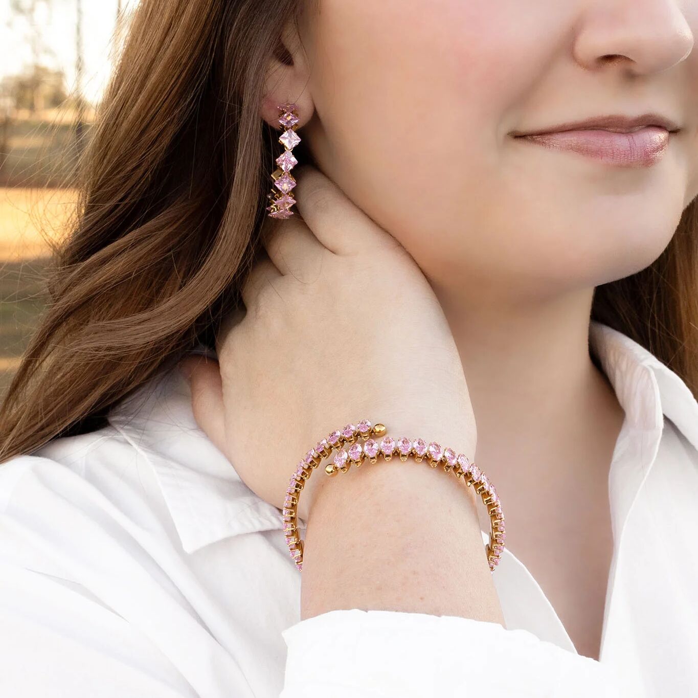 18K Gold PVD Stainless Steel Pink Stone Wrap Bracelet