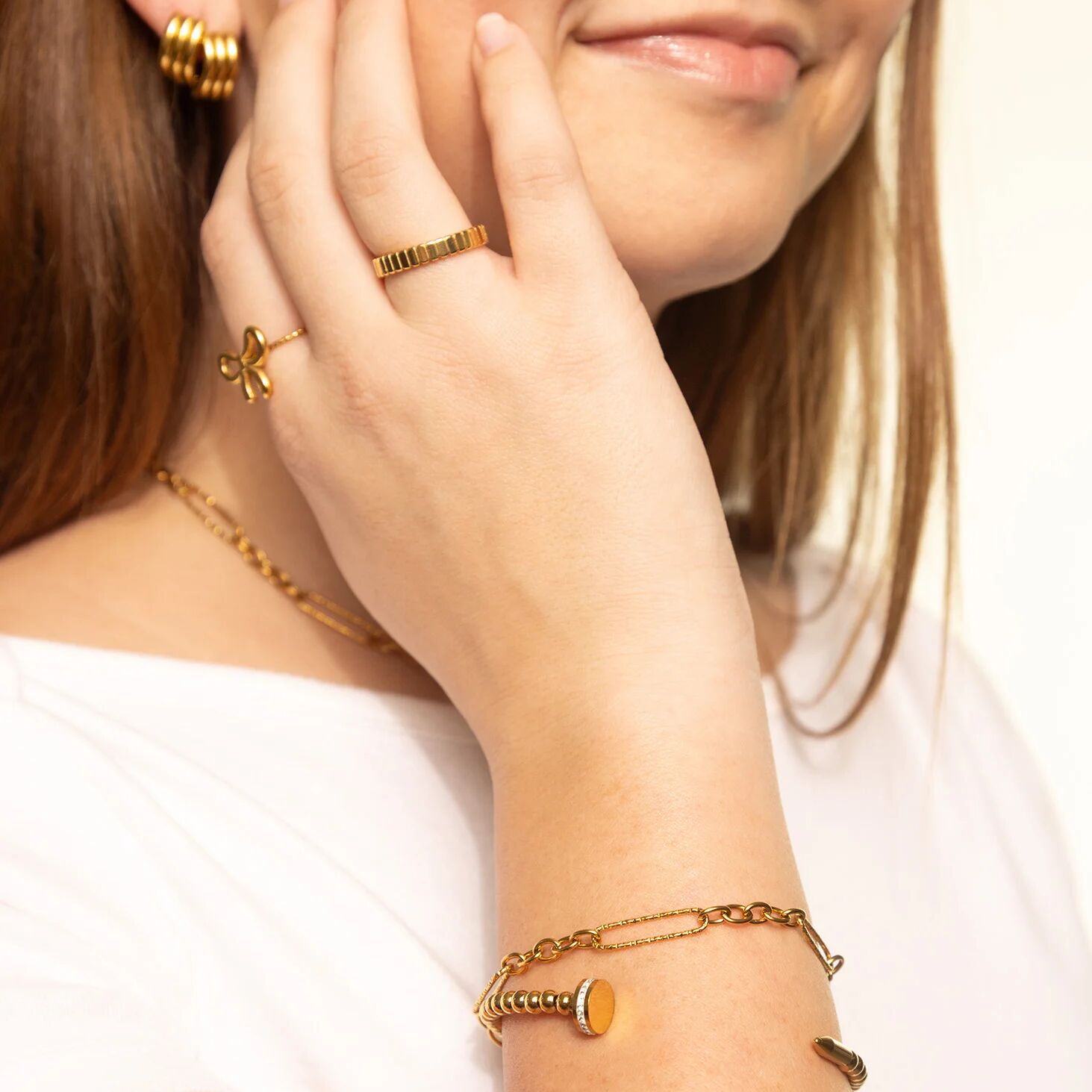 18K Gold PVD Stainless Steel Long Paperclip Textured Chain Bracelet