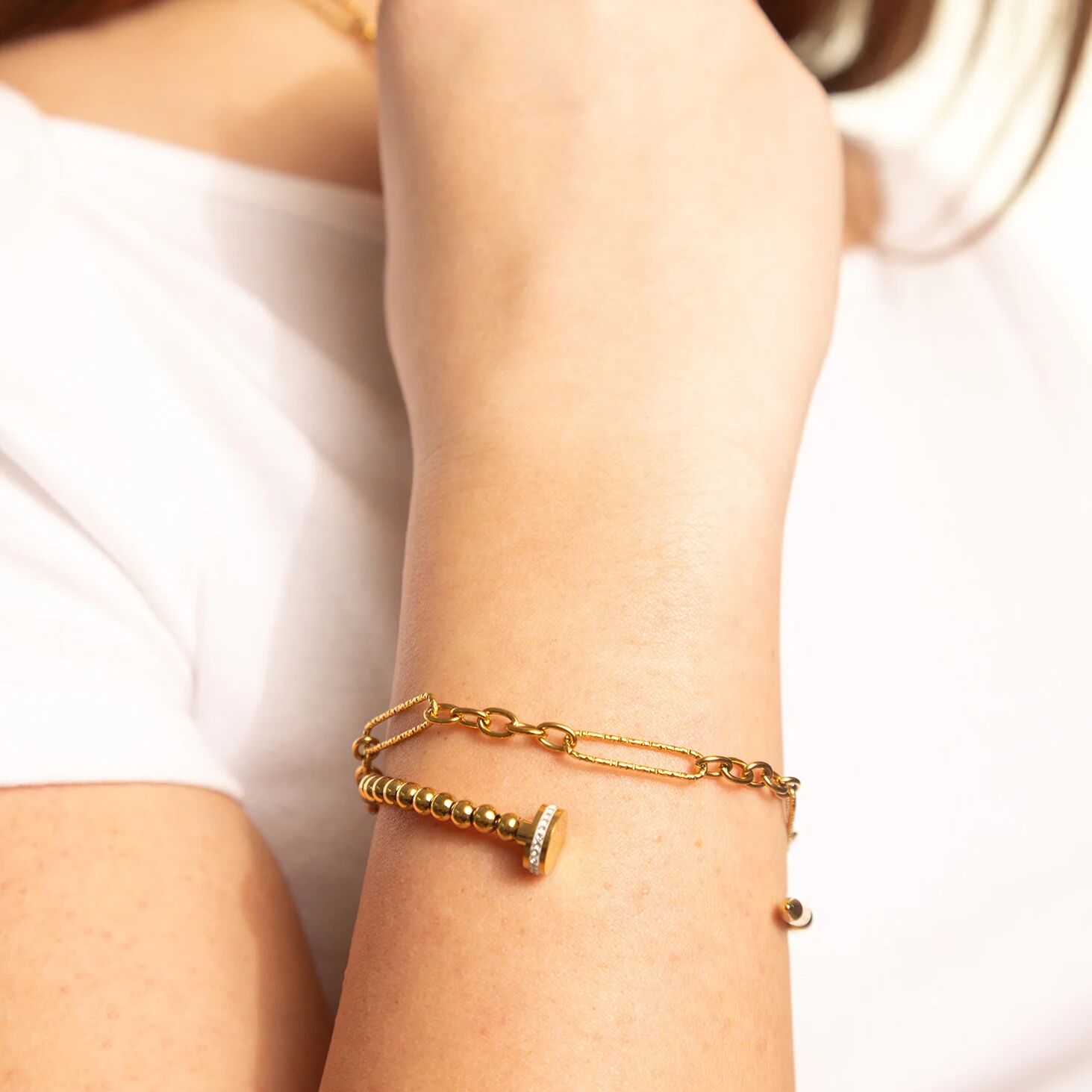 18K Gold PVD Stainless Steel Long Paperclip Textured Chain Bracelet