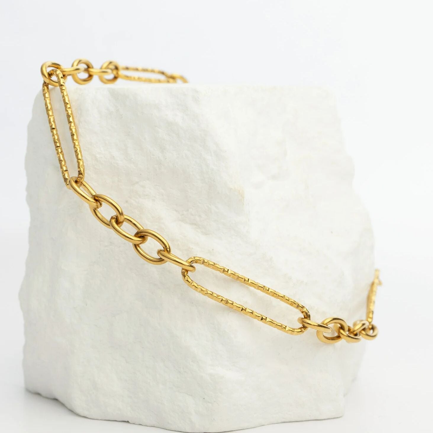 18K Gold PVD Stainless Steel Long Paperclip Textured Chain Bracelet