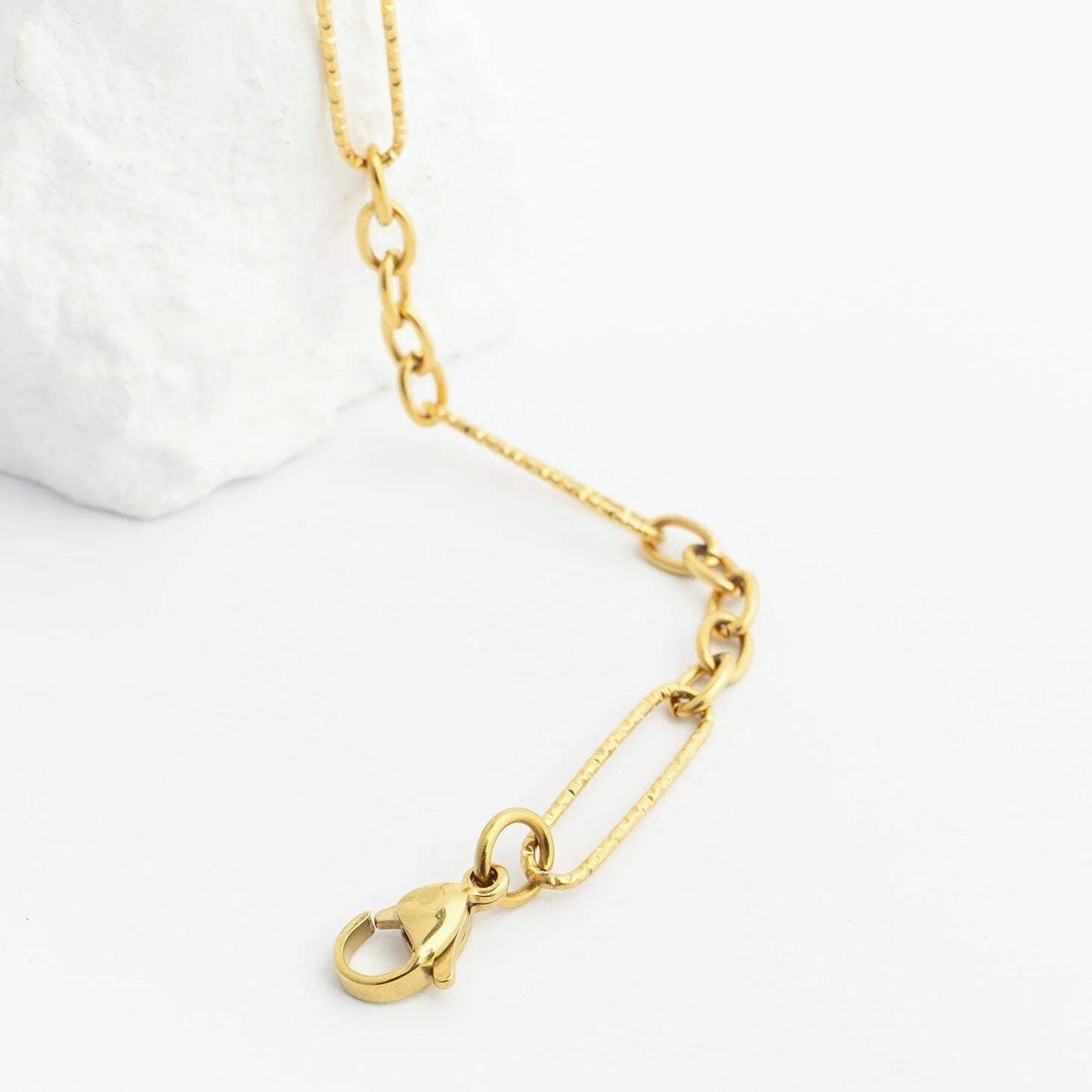 18K Gold PVD Stainless Steel Long Paperclip Textured Chain Bracelet