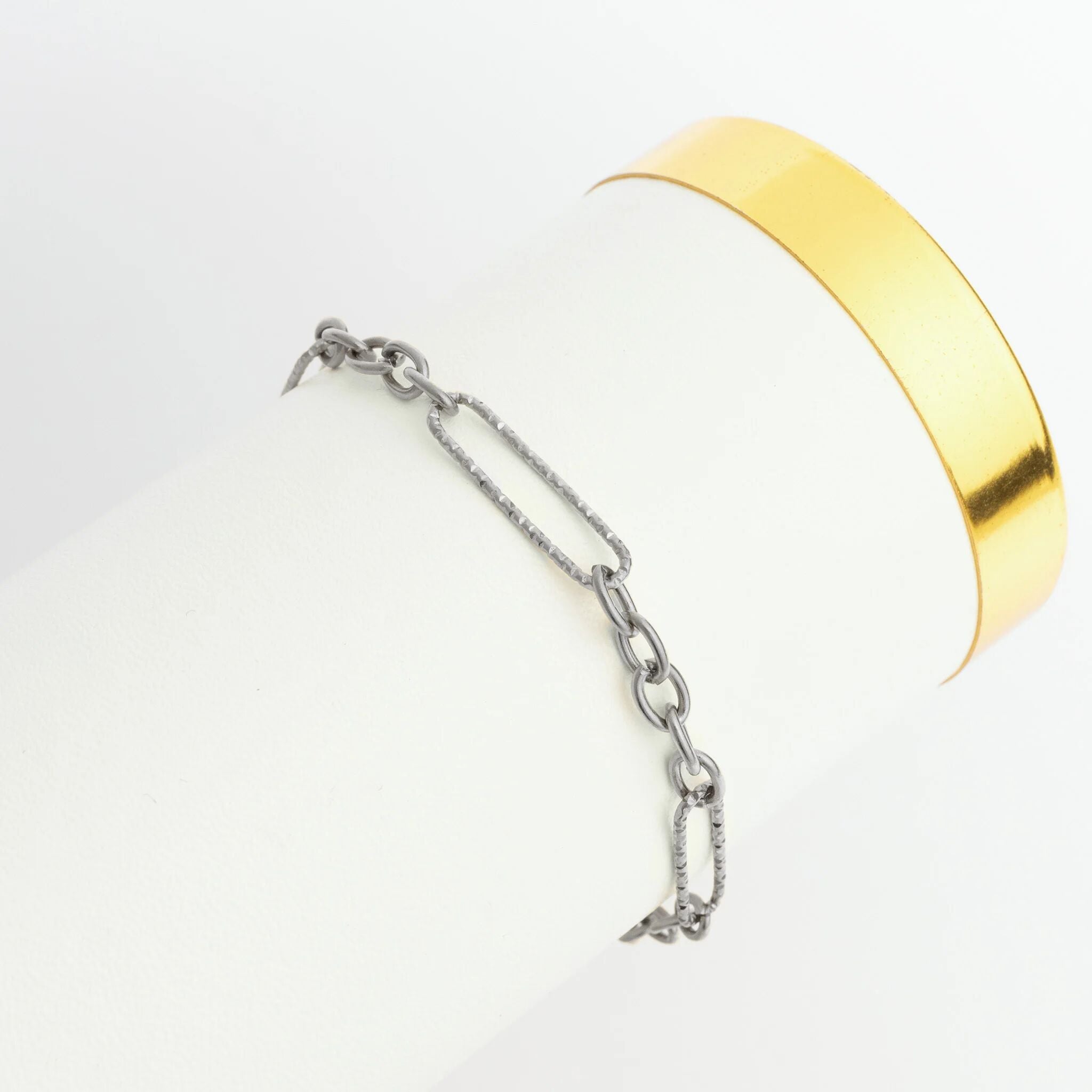 18K Gold PVD Stainless Steel Long Paperclip Textured Chain Bracelet