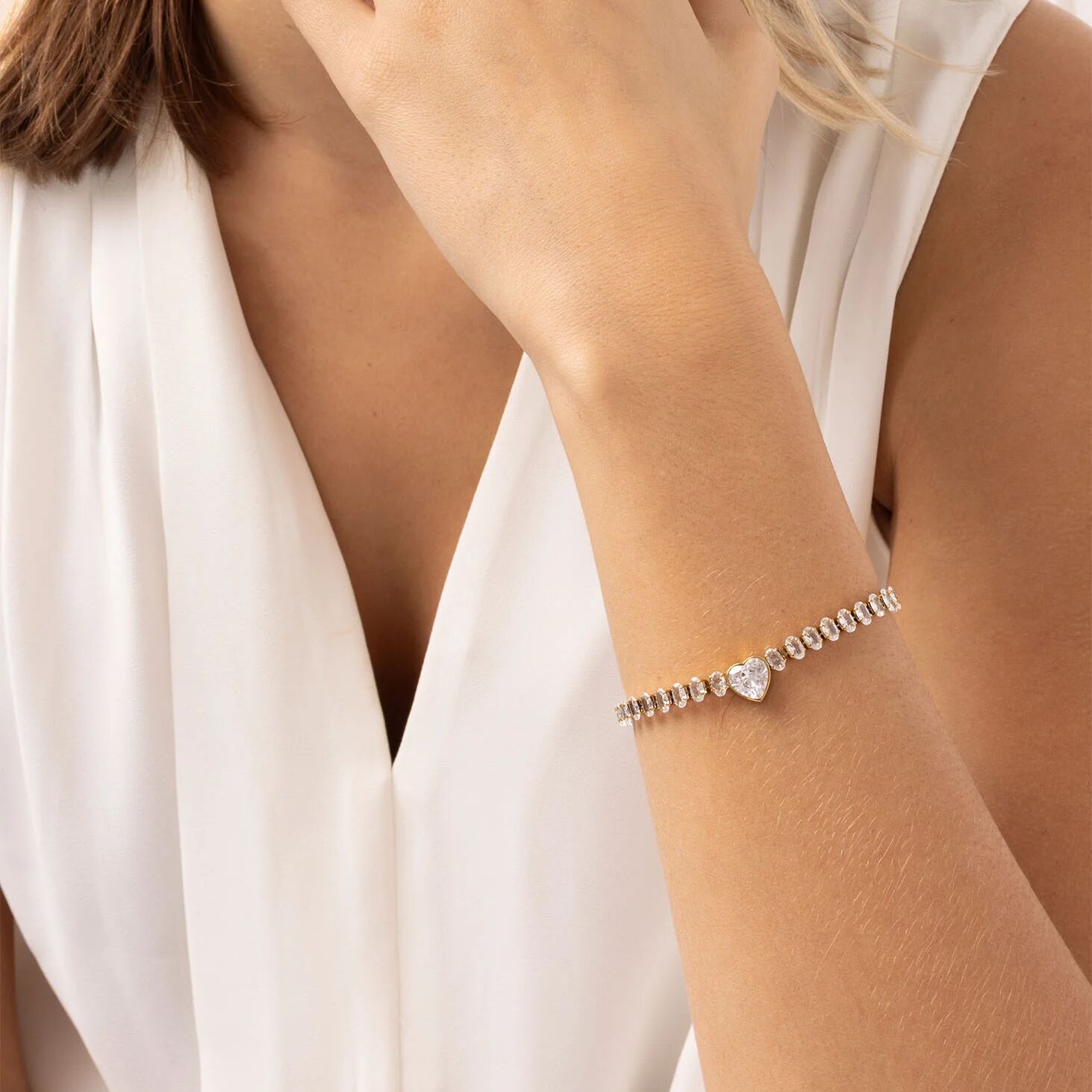 18K Gold PVD Stainless Steel Tennis Chain Bracelet with Heart CZ Marquis Center Stone