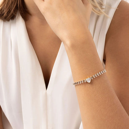 18K Gold PVD Stainless Steel Tennis Chain Bracelet with Heart CZ Marquis Center Stone
