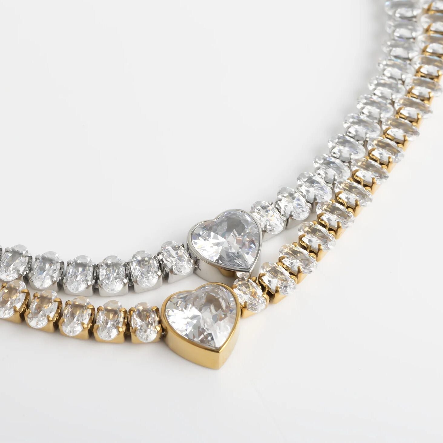 18K Gold PVD Stainless Steel Tennis Chain Bracelet with Heart CZ Marquis Center Stone