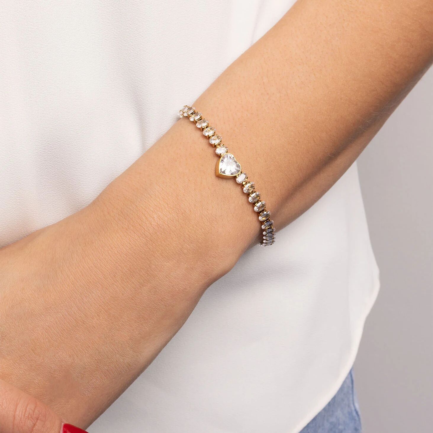 18K Gold PVD Stainless Steel Tennis Chain Bracelet with Heart CZ Marquis Center Stone
