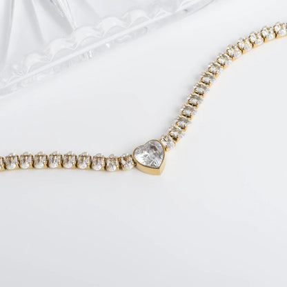 18K Gold PVD Stainless Steel Tennis Chain Bracelet with Heart CZ Marquis Center Stone