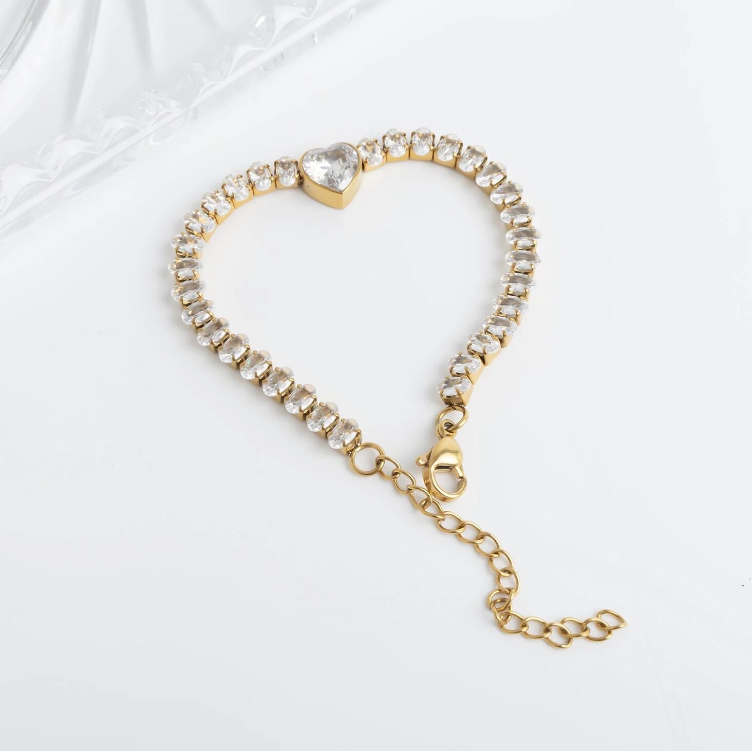 18K Gold PVD Stainless Steel Tennis Chain Bracelet with Heart CZ Marquis Center Stone