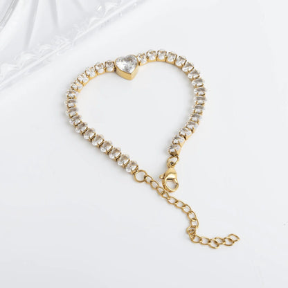 18K Gold PVD Stainless Steel Tennis Chain Bracelet with Heart CZ Marquis Center Stone