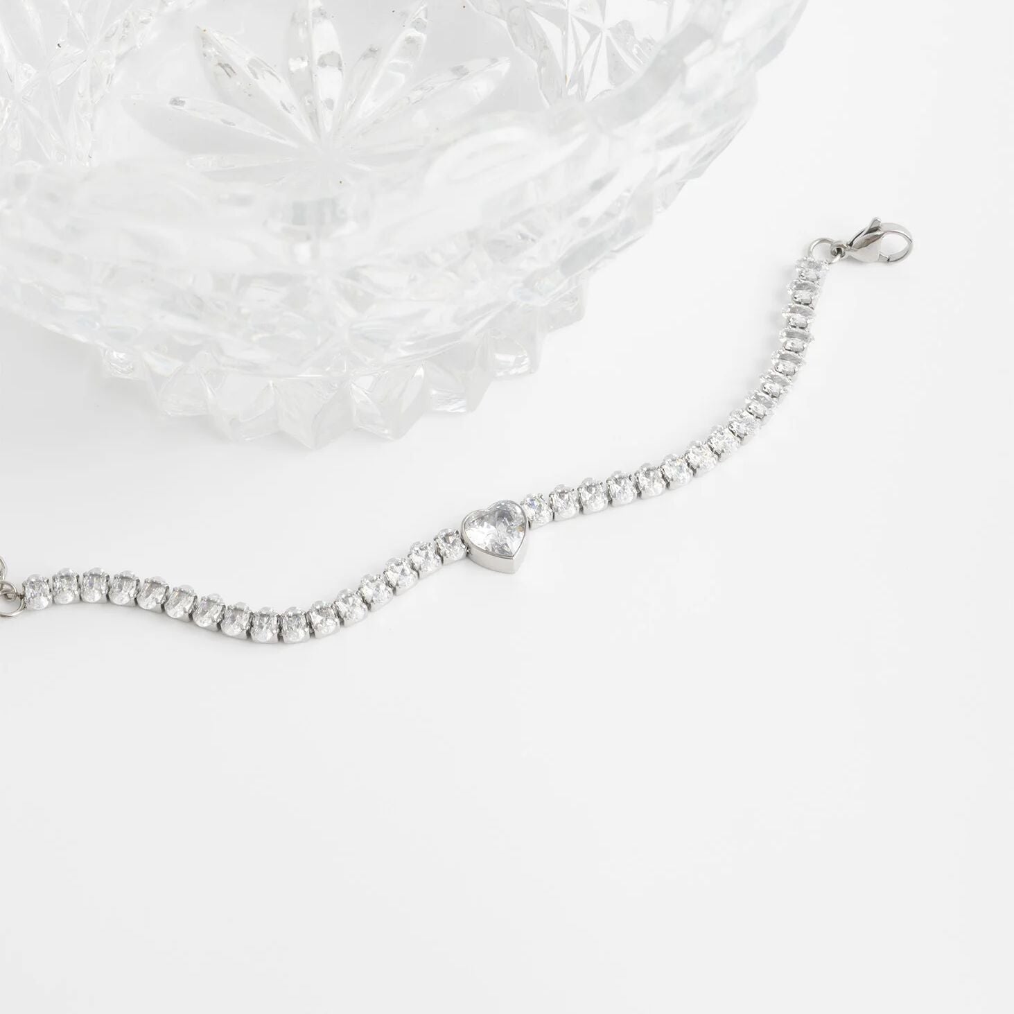 18K Gold PVD Stainless Steel Tennis Chain Bracelet with Heart CZ Marquis Center Stone