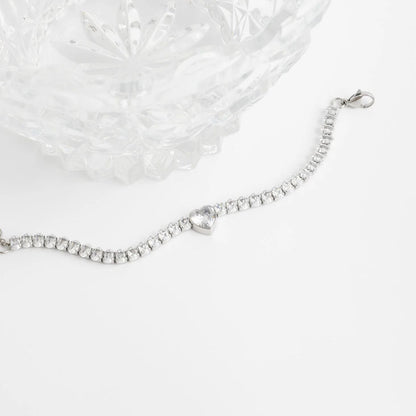 18K Gold PVD Stainless Steel Tennis Chain Bracelet with Heart CZ Marquis Center Stone