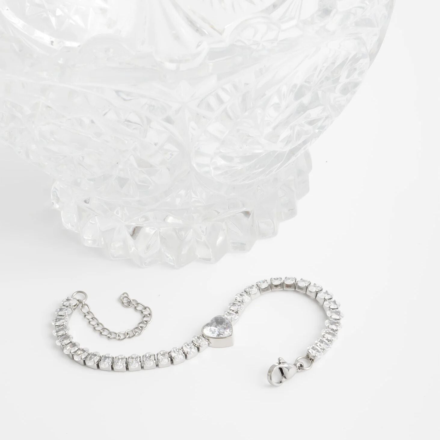 18K Gold PVD Stainless Steel Tennis Chain Bracelet with Heart CZ Marquis Center Stone