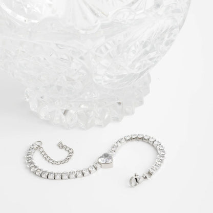 18K Gold PVD Stainless Steel Tennis Chain Bracelet with Heart CZ Marquis Center Stone
