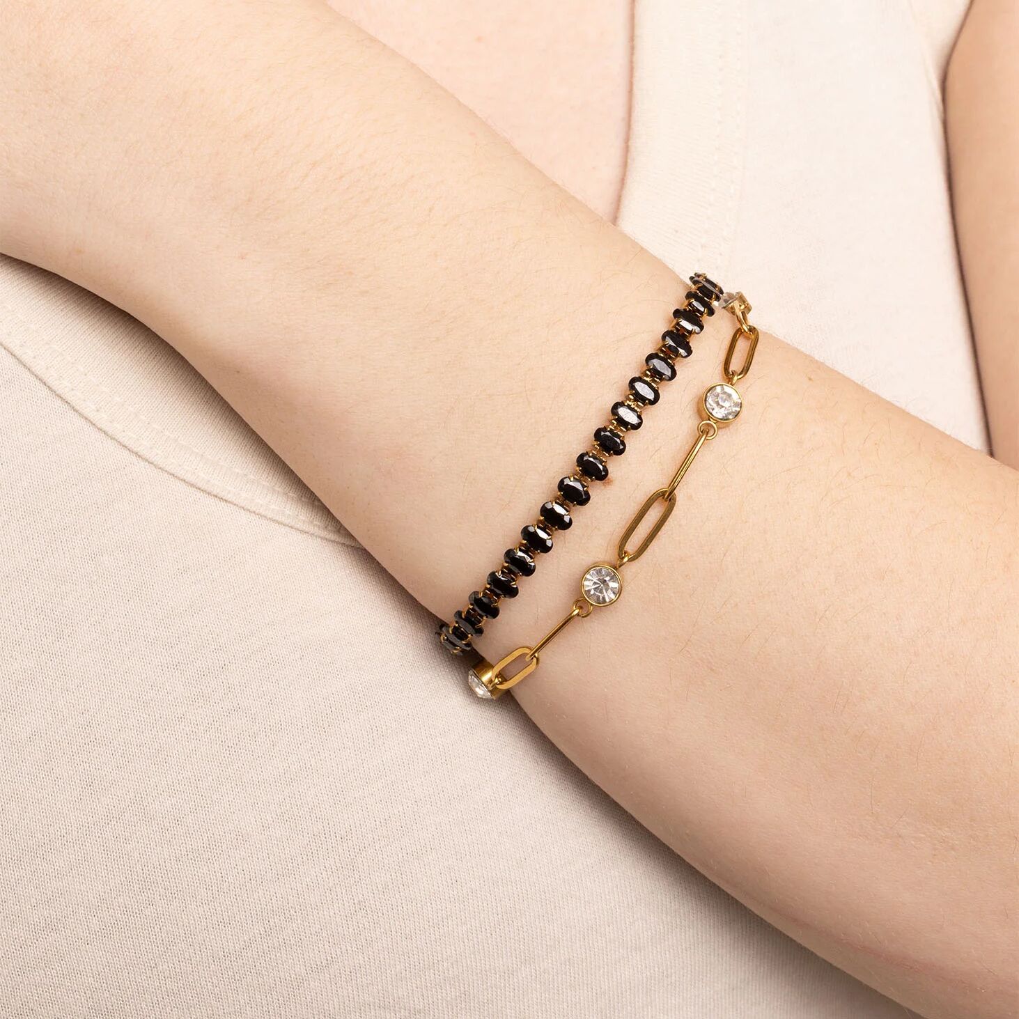 18K Gold PVD Stainless Steel Black Oval Stone Bracelet