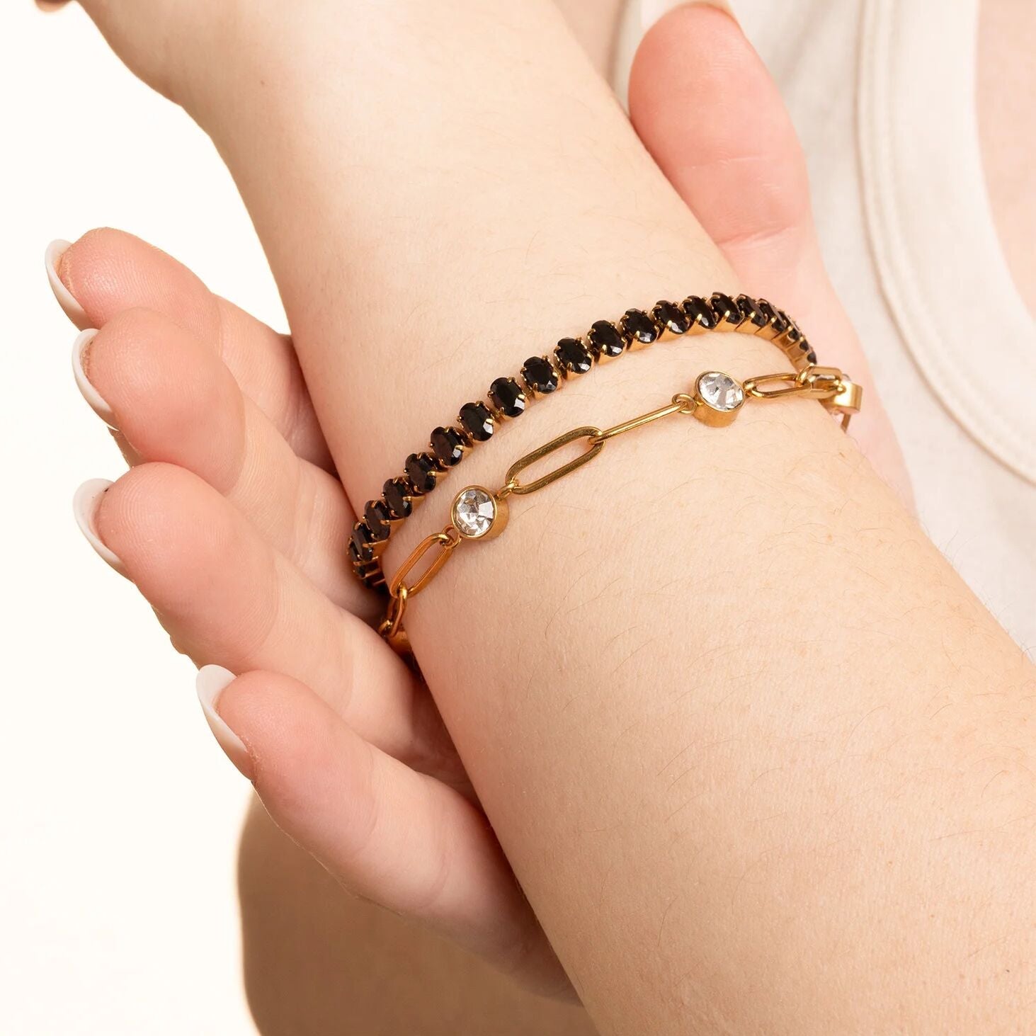 18K Gold PVD Stainless Steel Black Oval Stone Bracelet