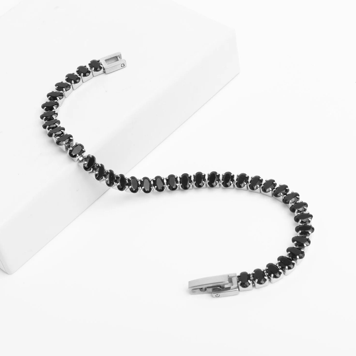 18K Gold PVD Stainless Steel Black Oval Stone Bracelet