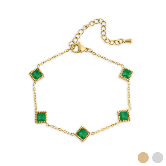 18K Gold PVD Stainless Steel Emerald Stone Station Bracelet