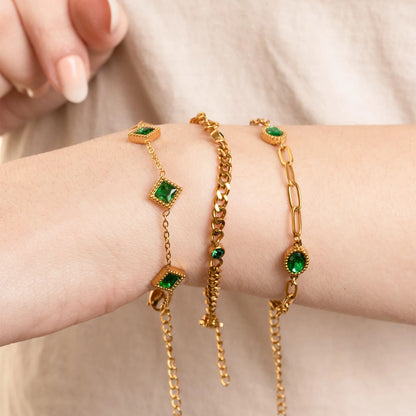 18K Gold PVD Stainless Steel Emerald Stone Station Bracelet