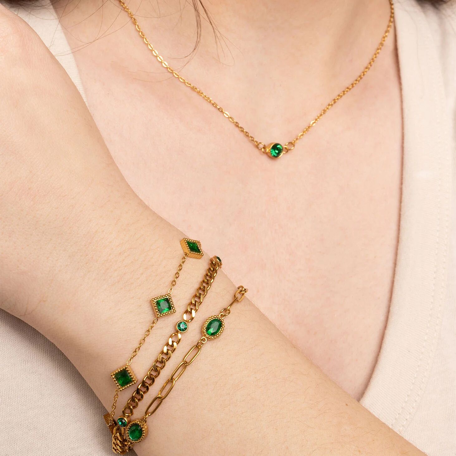 18K Gold PVD Stainless Steel Emerald Stone Station Bracelet