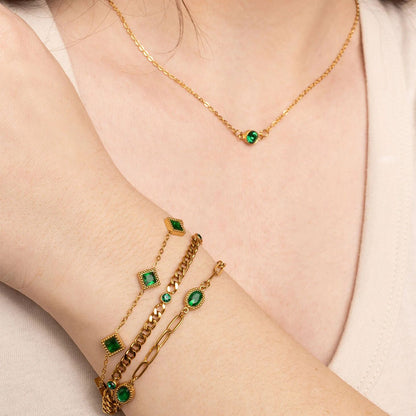 18K Gold PVD Stainless Steel Emerald Stone Station Bracelet