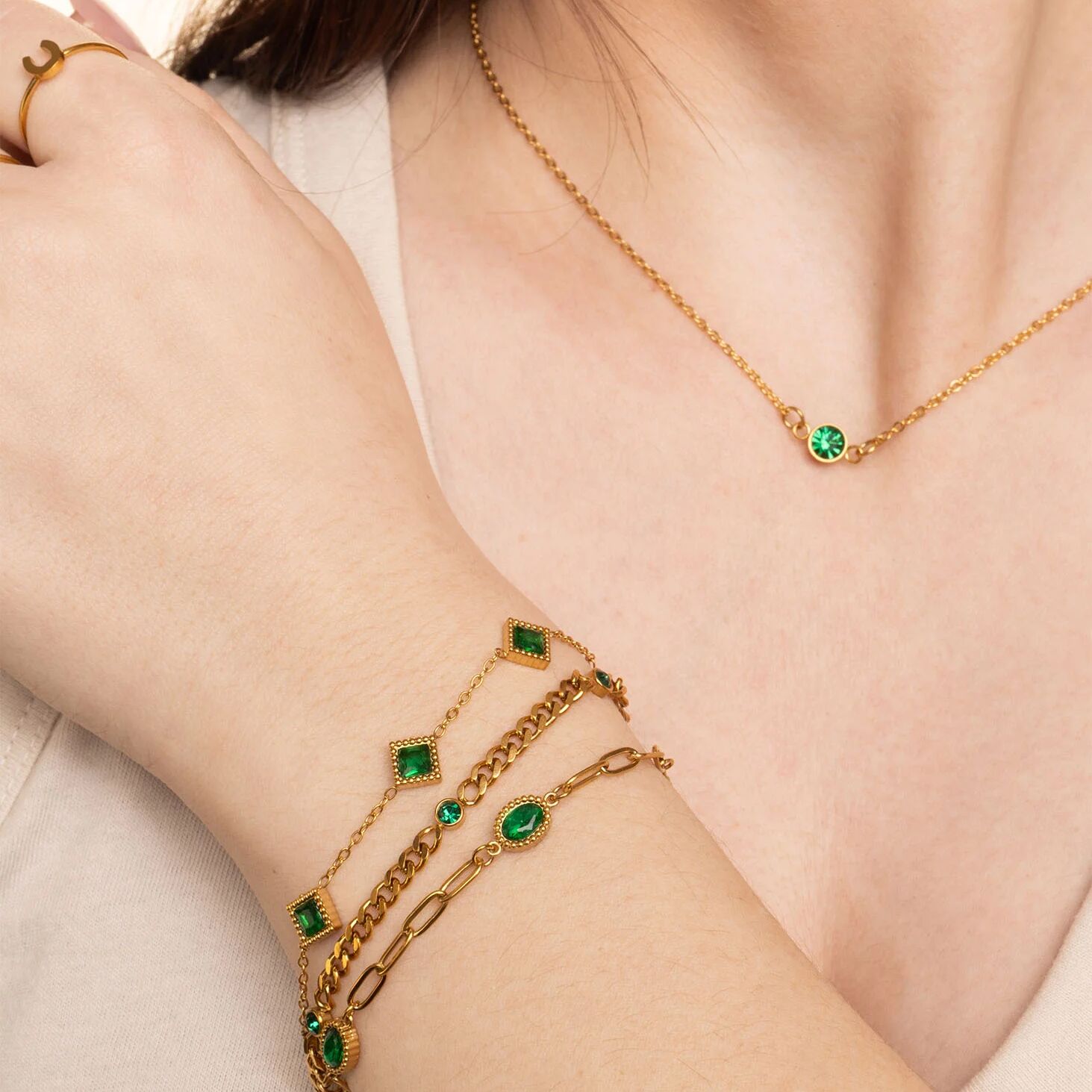 18K Gold PVD Stainless Steel Emerald Stone Station Bracelet