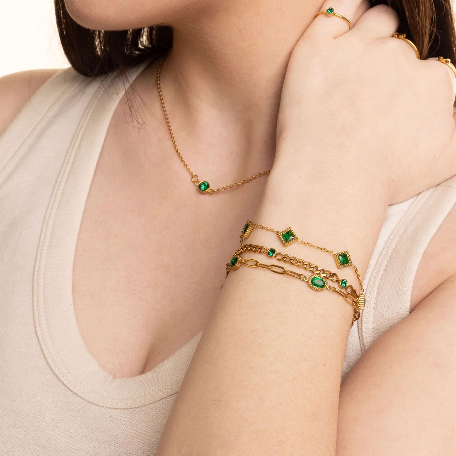 18K Gold PVD Stainless Steel Emerald Stone Station Bracelet