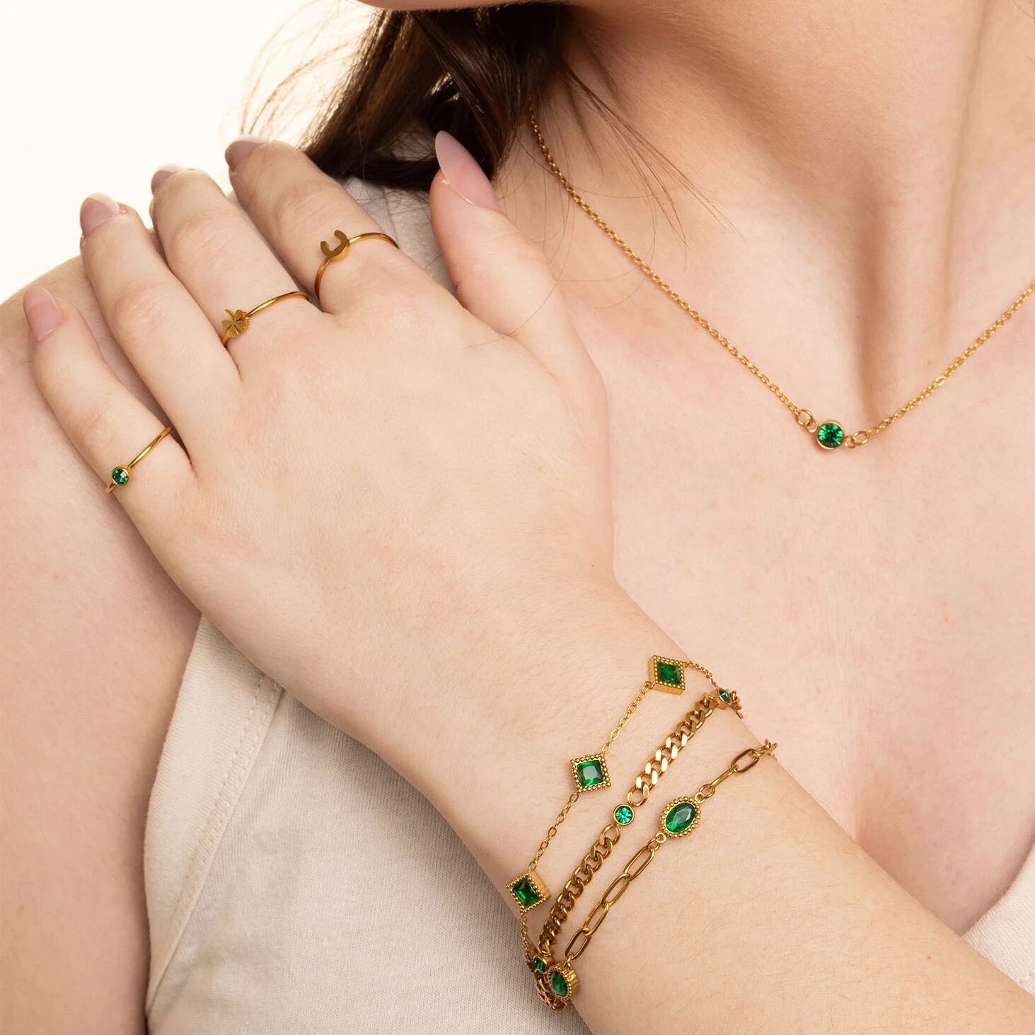 18K Gold PVD Stainless Steel Emerald Stone Station Bracelet