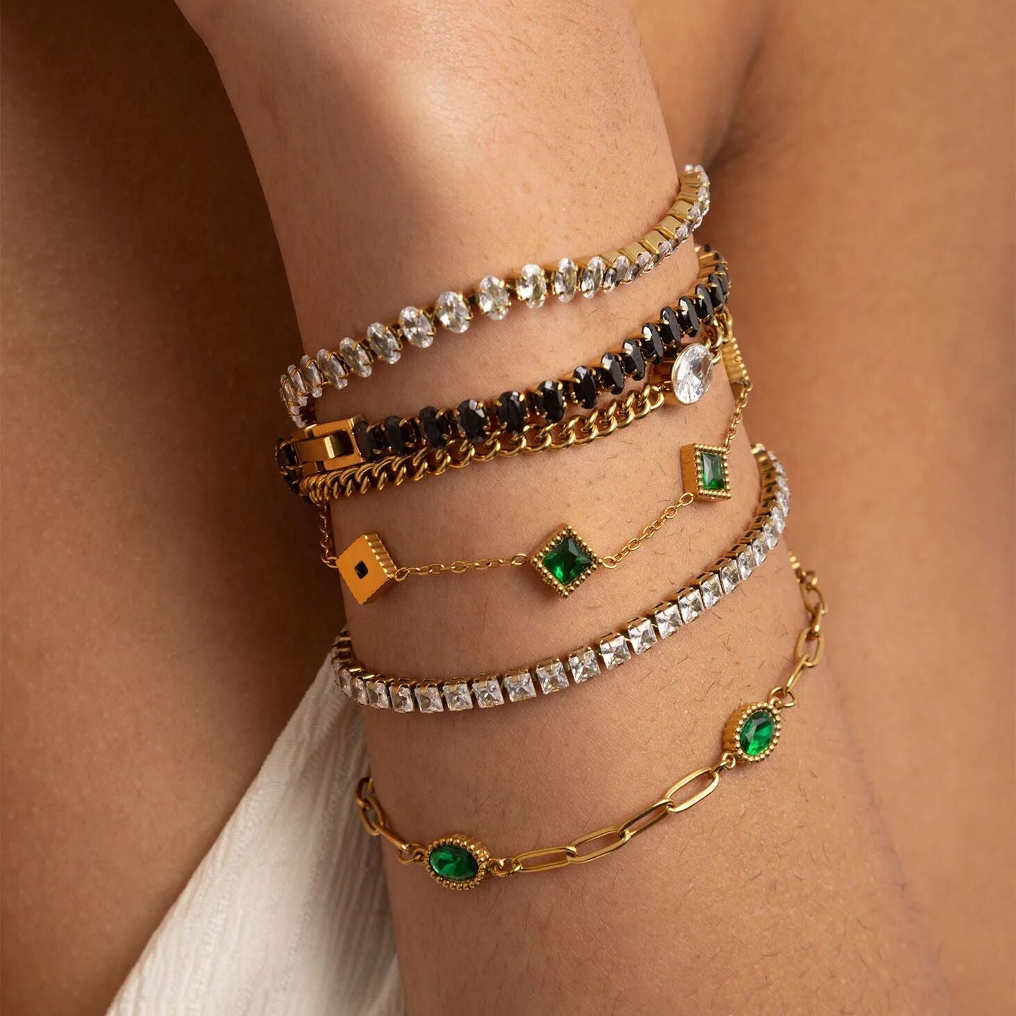 18K Gold PVD Stainless Steel Emerald Stone Station Bracelet
