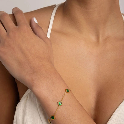 18K Gold PVD Stainless Steel Emerald Stone Station Bracelet
